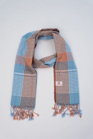 Cotton scarf headscarf Krama from Cambodia Battambang orange and light blue