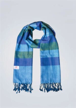 Echarpe foulard coton Krama du Cambodge Soksabay bleu et vert