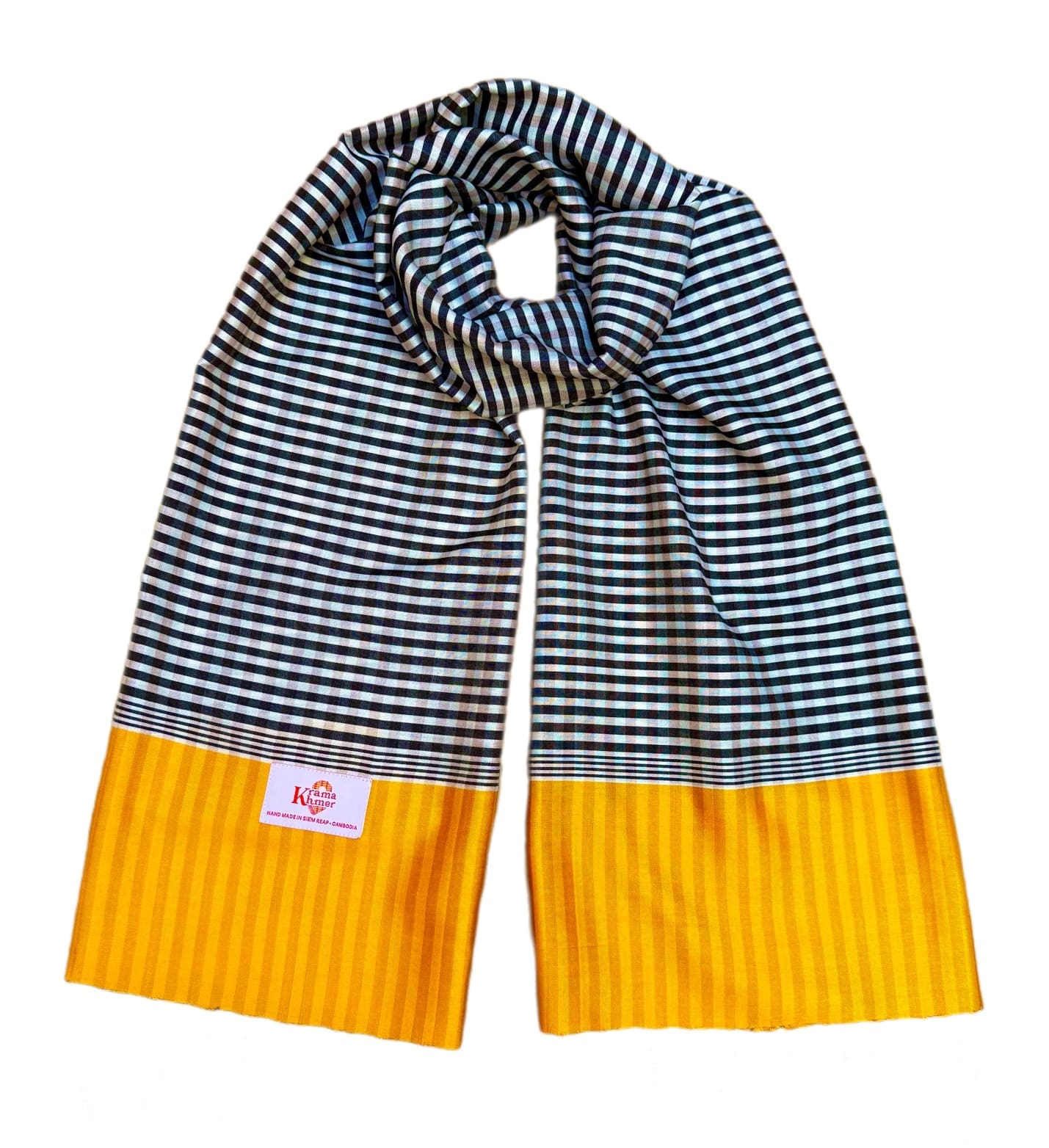 Echarpe foulard coton Krama du Cambodge en soie et coton Krama jaune et noir