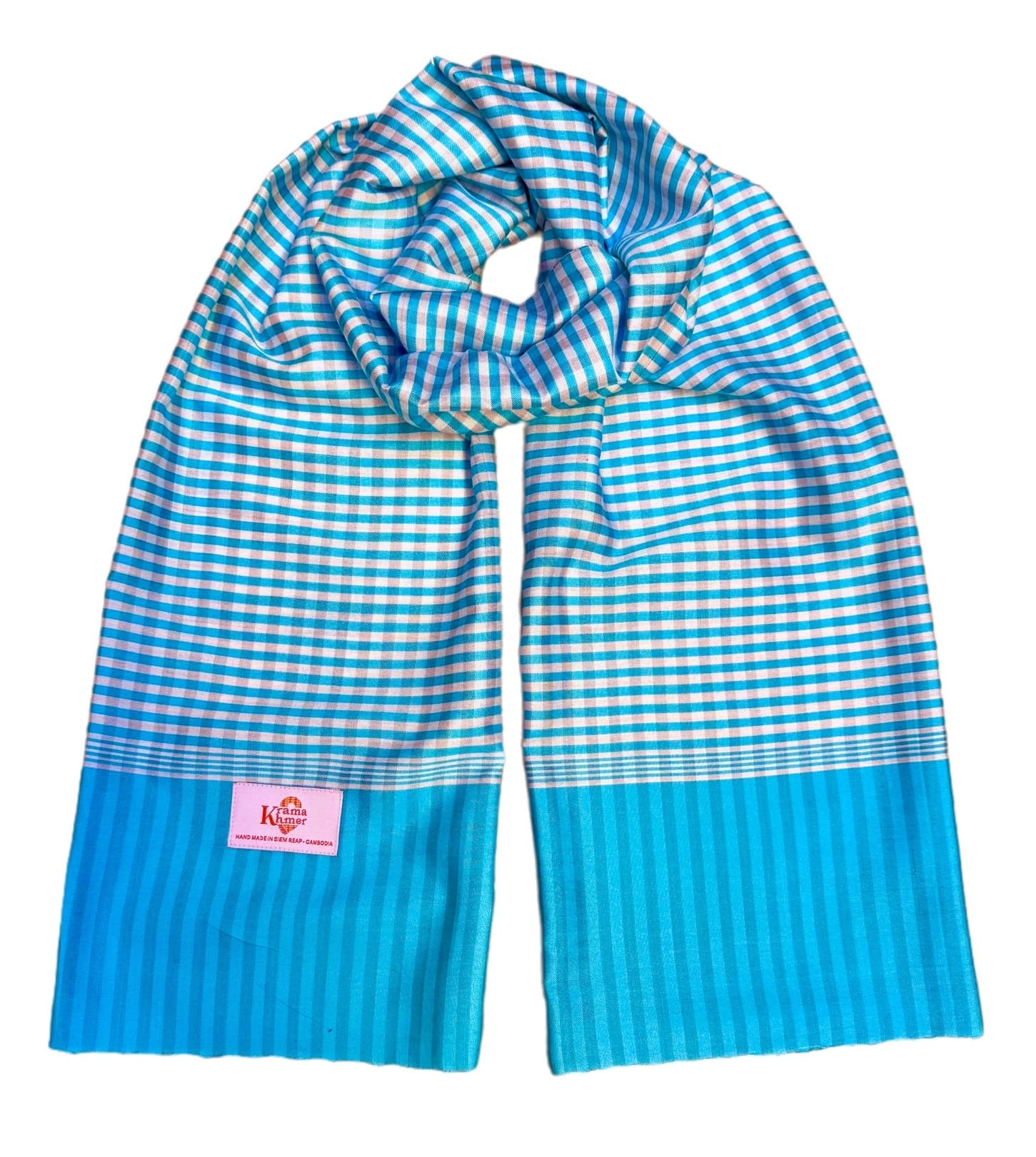 Echarpe foulard coton Krama du Cambodge soie naturelle coton Tonle bleu blanc