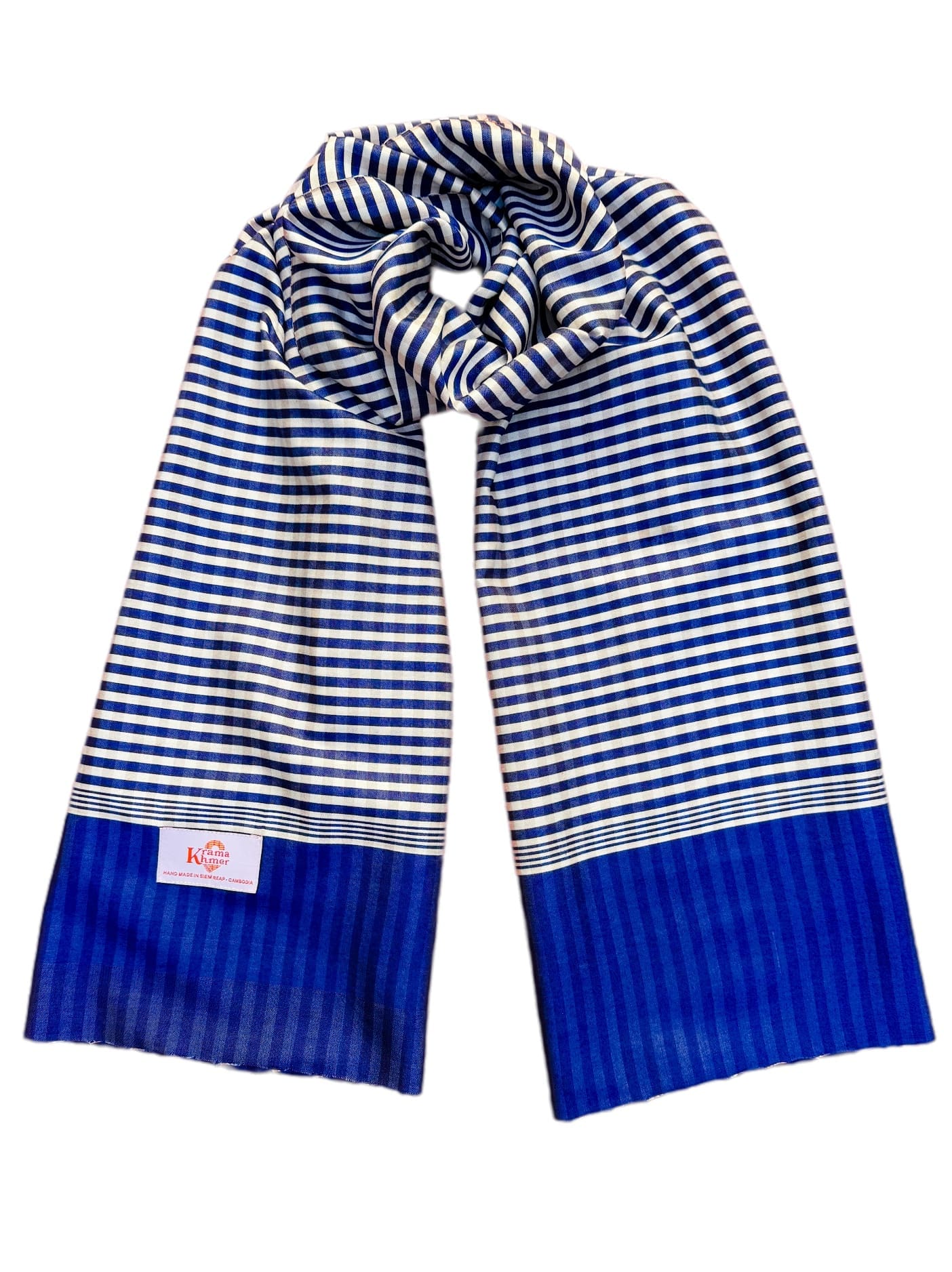 Cambodian Krama cotton scarf made of natural silk and cotton Rumduol royal blue and white