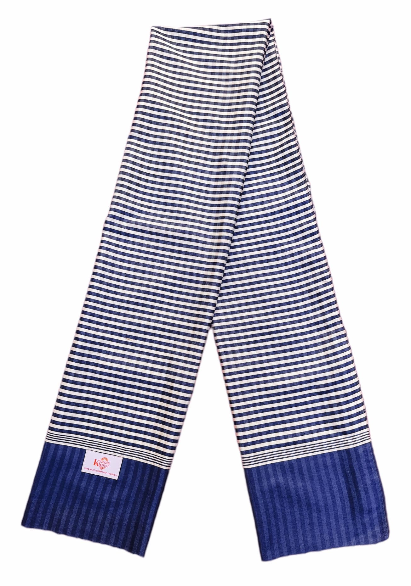 Cambodian Krama cotton scarf made of natural silk and cotton Rumduol royal blue and white - Image 3